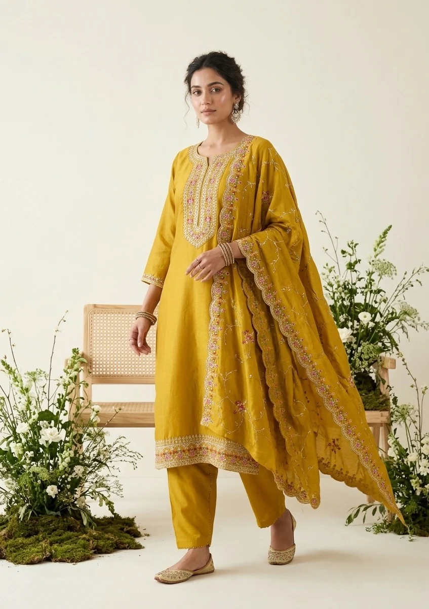 Mustard Soft Raw Silk Threadwork Straight Kurta With Pant Regular And Dupatta